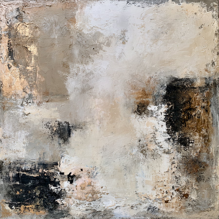 An abstract painting with a rough textured surface using shades of beige, brown, white, and black, creating an organic and layered composition.