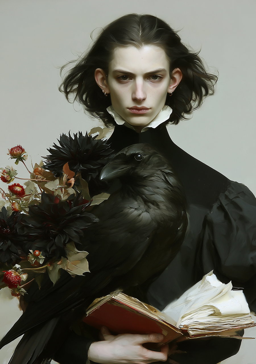 Young person with long dark hair and earrings in a black outfit holding a large black raven and an open book, with dark flowers nearby