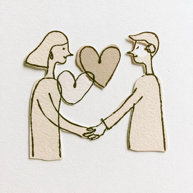 Simple paper cutout illustration of a couple holding hands with hearts