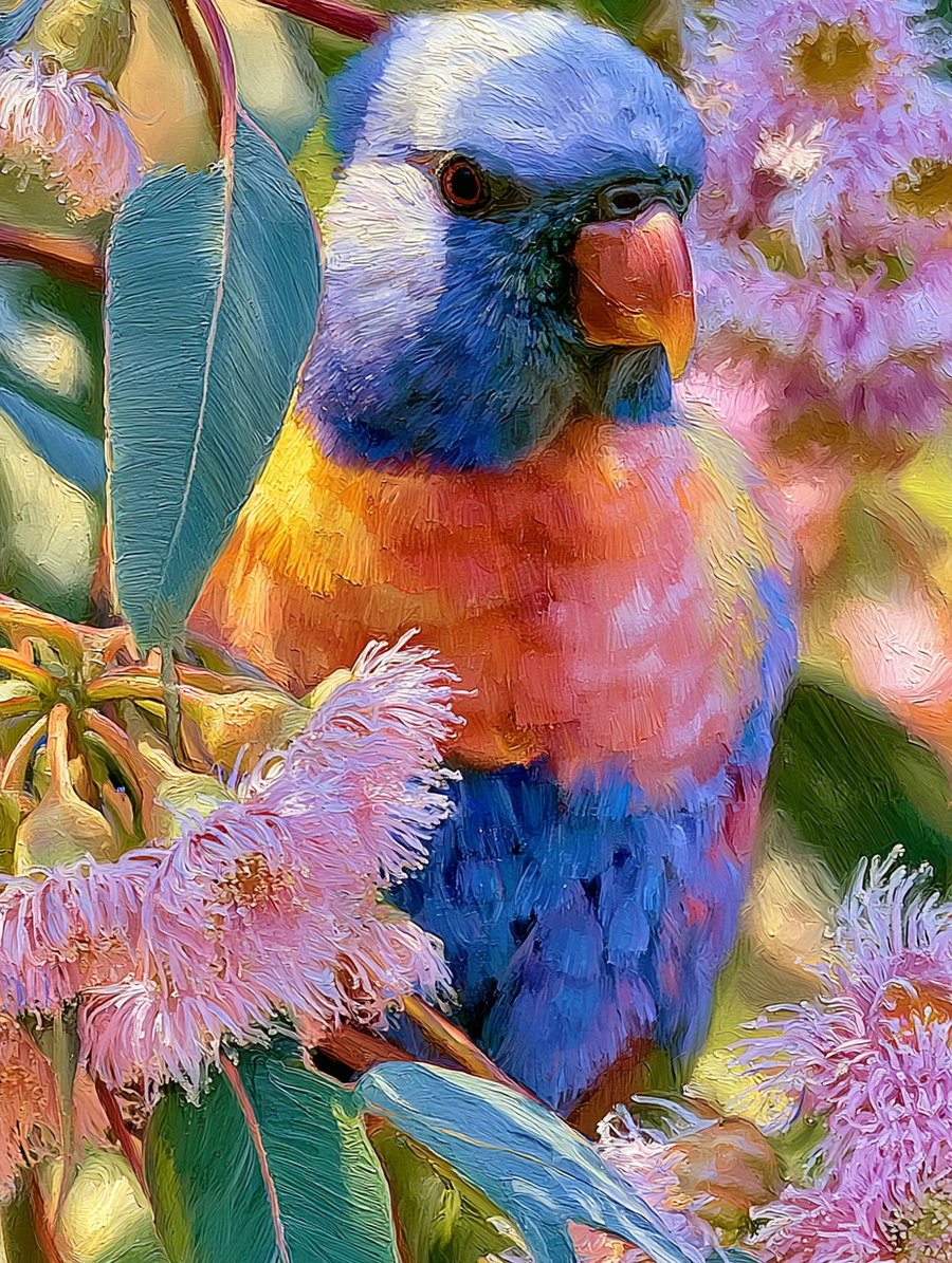 A detailed close-up of a vibrant blue, orange, and green bird among pink flowering branches with green leaves, rendered with an oil painting effect