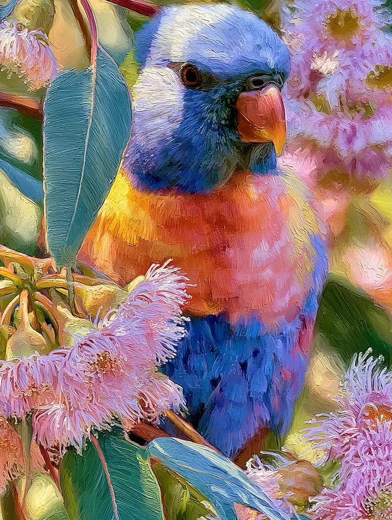 Vibrant colorful bird perched among blooming pink flowers in nature