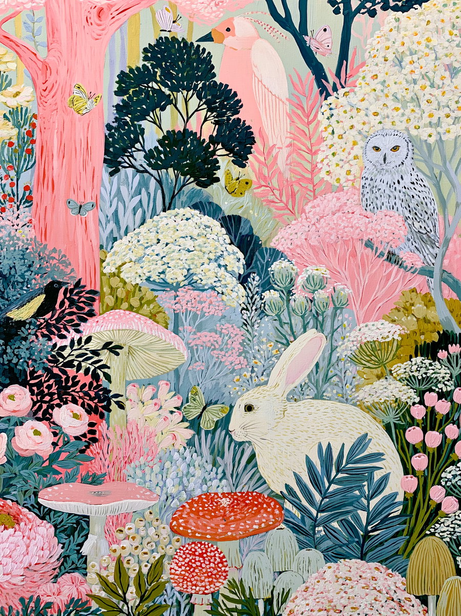 A colorful painting featuring various plants, mushrooms, butterflies, a white rabbit, an owl, and a pink tree in a lush forest setting