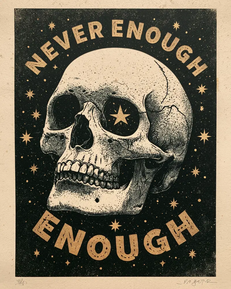Illustration of a detailed skull with starry eyes and the phrase never enough