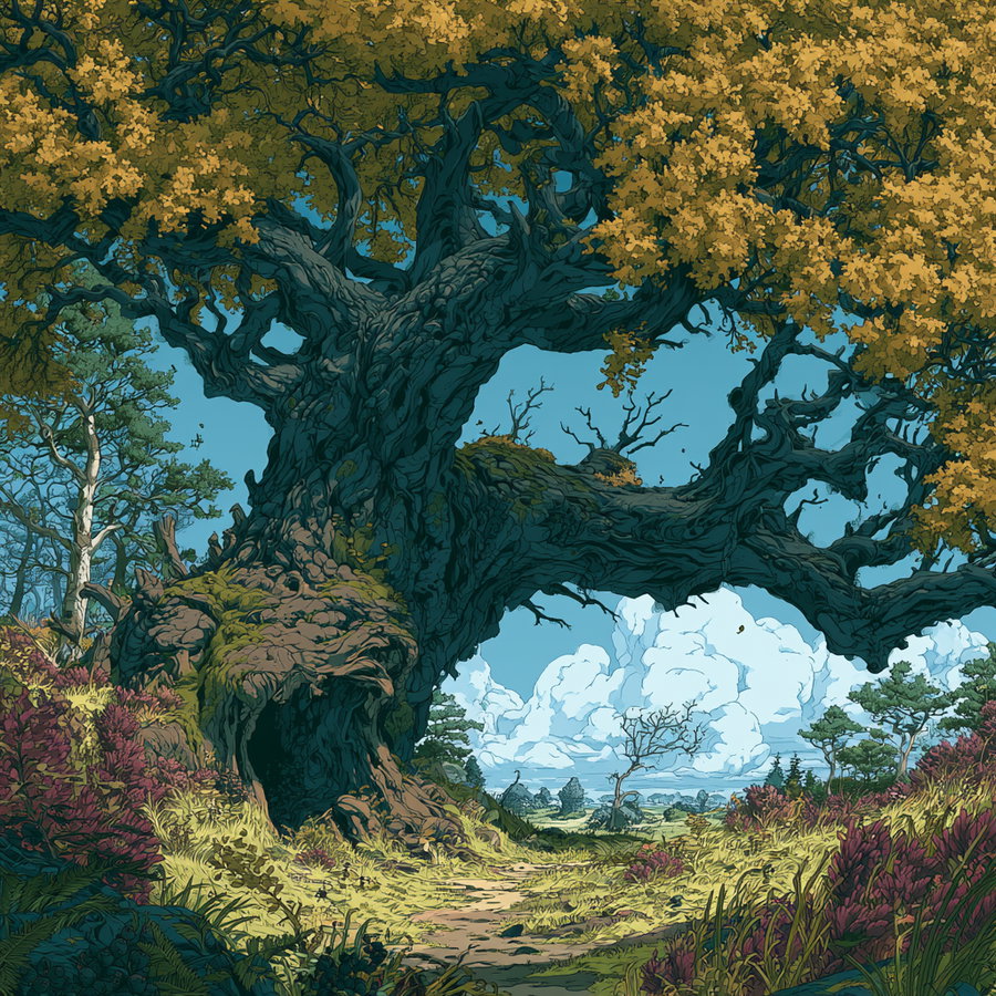 A large ancient tree with thick twisted branches and yellow-green leaves dominates the foreground; surrounded by various smaller trees, green grass, colorful bushes, and a dirt path under a bright blue sky with fluffy white clouds.
