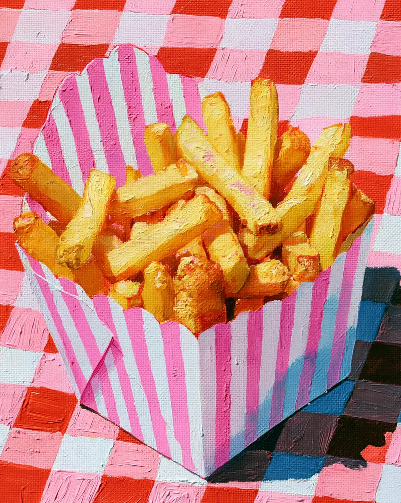 Oil painting of French fries in a striped pink and white paper container