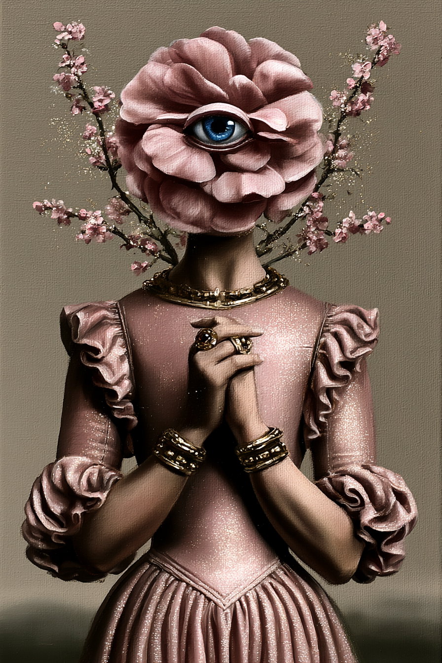 A surrealist digital painting showing a figure in a pink ruffled dress with gold jewelry, whose head is replaced by a large pink flower with a single blue eye in the center, and two flowering branches behind the head.