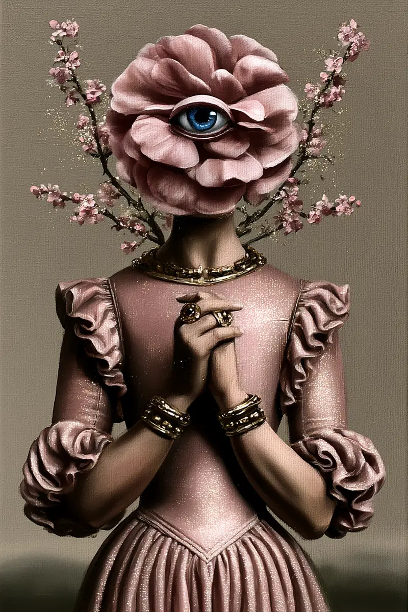Surreal portrait of a figure with a single eye on a pink flower for a head