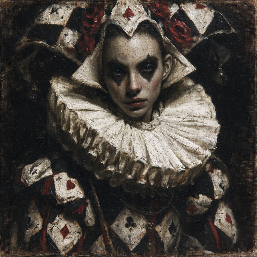 A detailed dark fantasy painting of a jester wearing a cracked white ruffled collar and a costume decorated with playing card suits, featuring dramatic makeup and a somber expression.