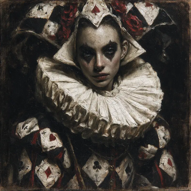 Dark fantasy portrait of a melancholic jester with playing cards costume