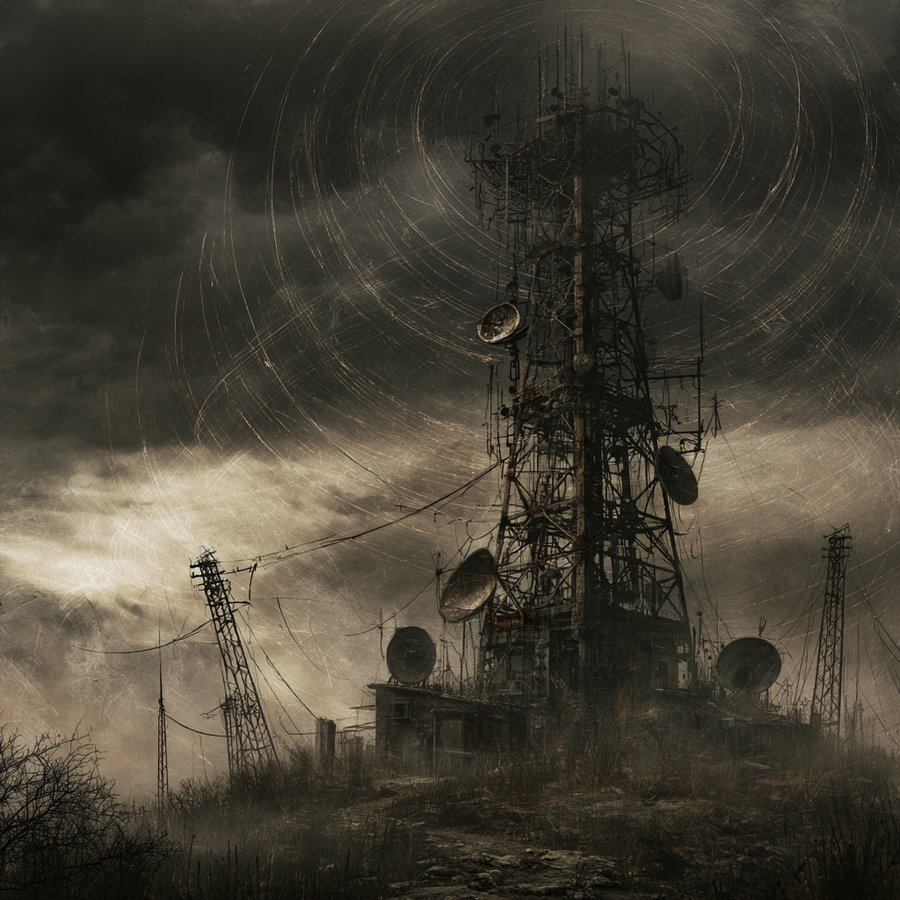 An old, rusted communication tower with large satellite dishes on a hill, surrounded by overgrown grass and smaller antennas, under a dark and cloudy sky with circular distortion effects