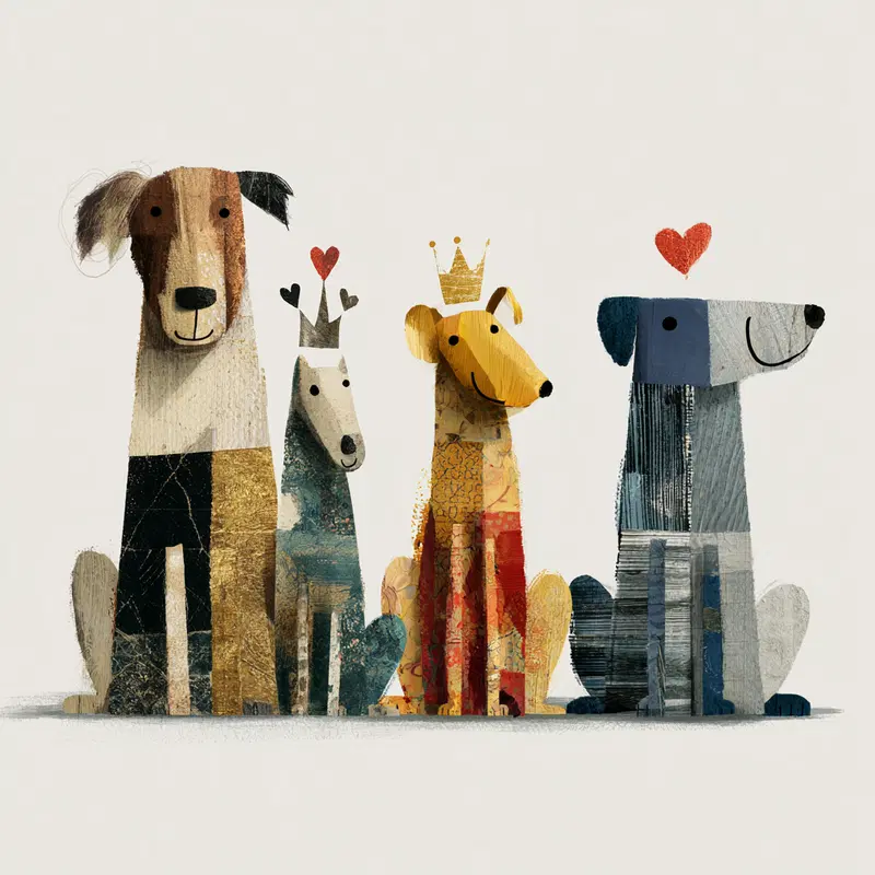 Whimsical collage art of four dogs with crowns and hearts