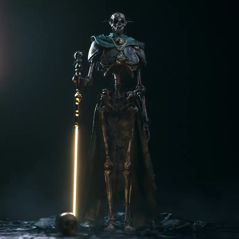 Dark fantasy depiction of a skeletal warrior with glowing sword