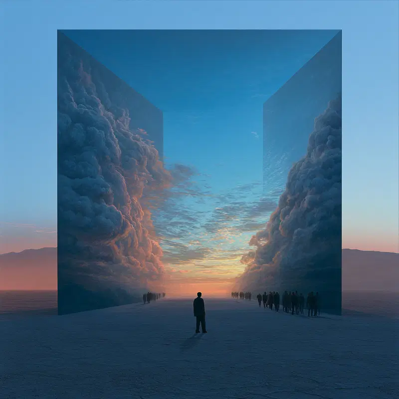 Surreal scene of a person and groups walking through giant mirrored walls reflecting dramatic clouds at sunset