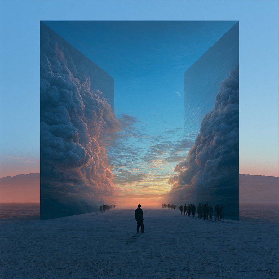 A surreal landscape with a lone person standing in front of giant mirrored walls reflecting large dramatic clouds on a flat dry ground with groups of people walking towards the horizon at sunset.