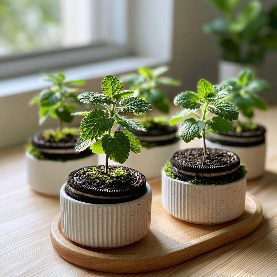 Five small potted green plants with textured leaves placed on a wooden tray by a window, with daylight illuminating the scene