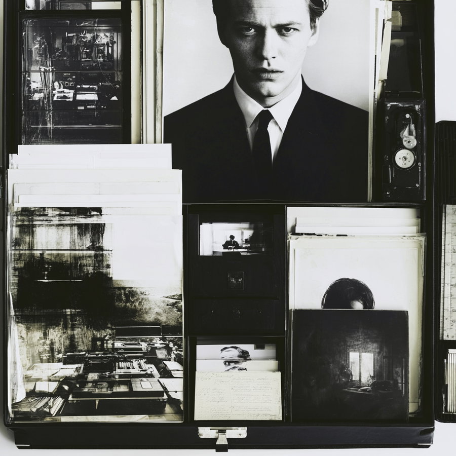 A collection of black and white portraits alongside abstract photographic prints displayed together in a box or case