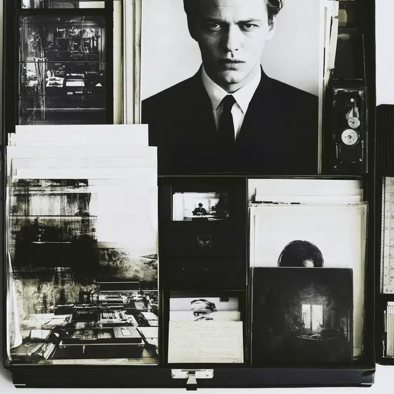 Black and white portraits and abstract photographic prints arranged in a collection