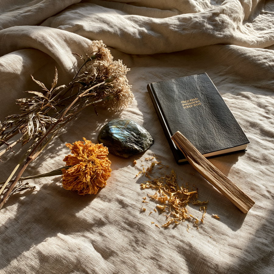 A beige fabric background with dried flowers, a polished labradorite stone, a black book with gold text, a wooden stick, and some flower petals scattered on the fabric