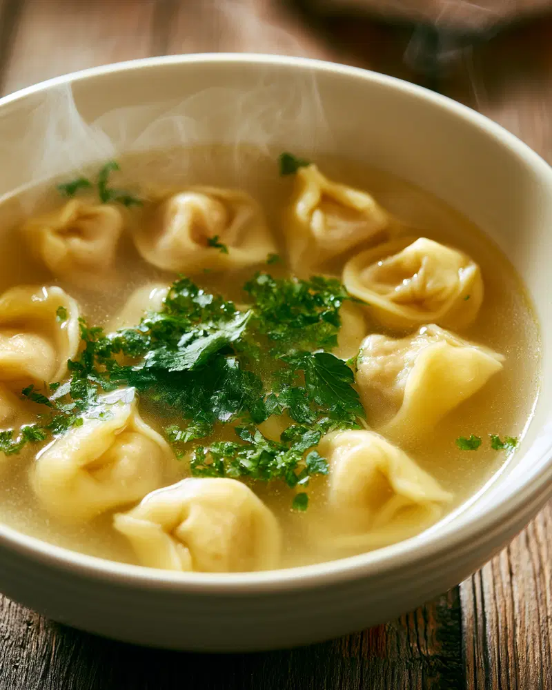 Close-up of steaming wonton soup with fresh green herbs in a white bowl