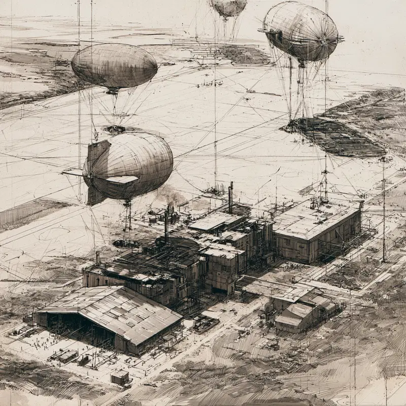 Detailed ink concept art of an industrial complex with floating airships