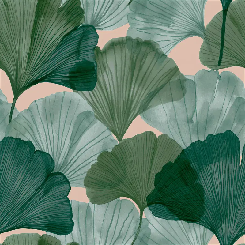 Watercolor Painting of Layered Ginkgo Leaves in Green Tones