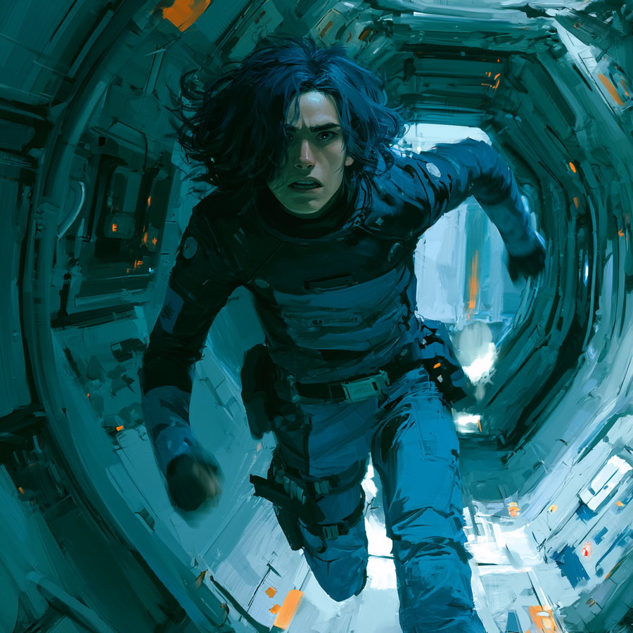 A digital artwork showing a person with dark hair wearing a futuristic suit running inside a metallic blue and orange corridor