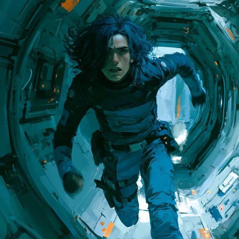 Dynamic digital painting of a futuristic figure running inside a sci-fi corridor