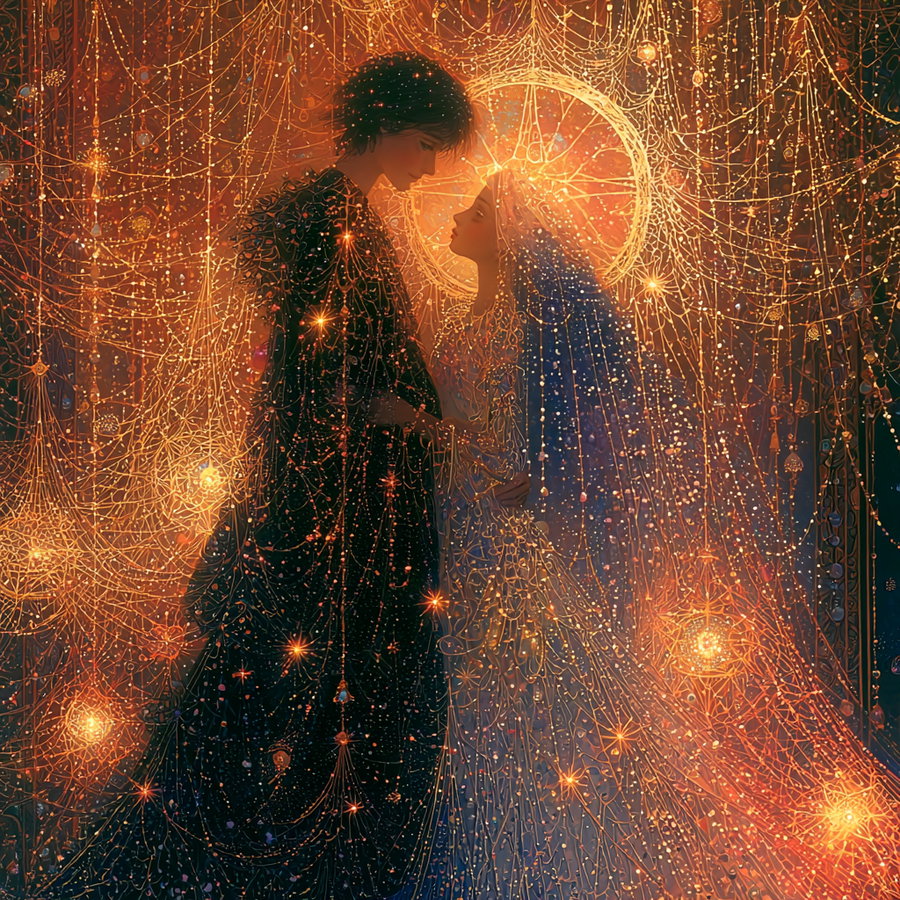 A romantic couple standing close together, surrounded by intricate glowing chains and orbs of light in warm golden hues, creating a magical atmosphere.