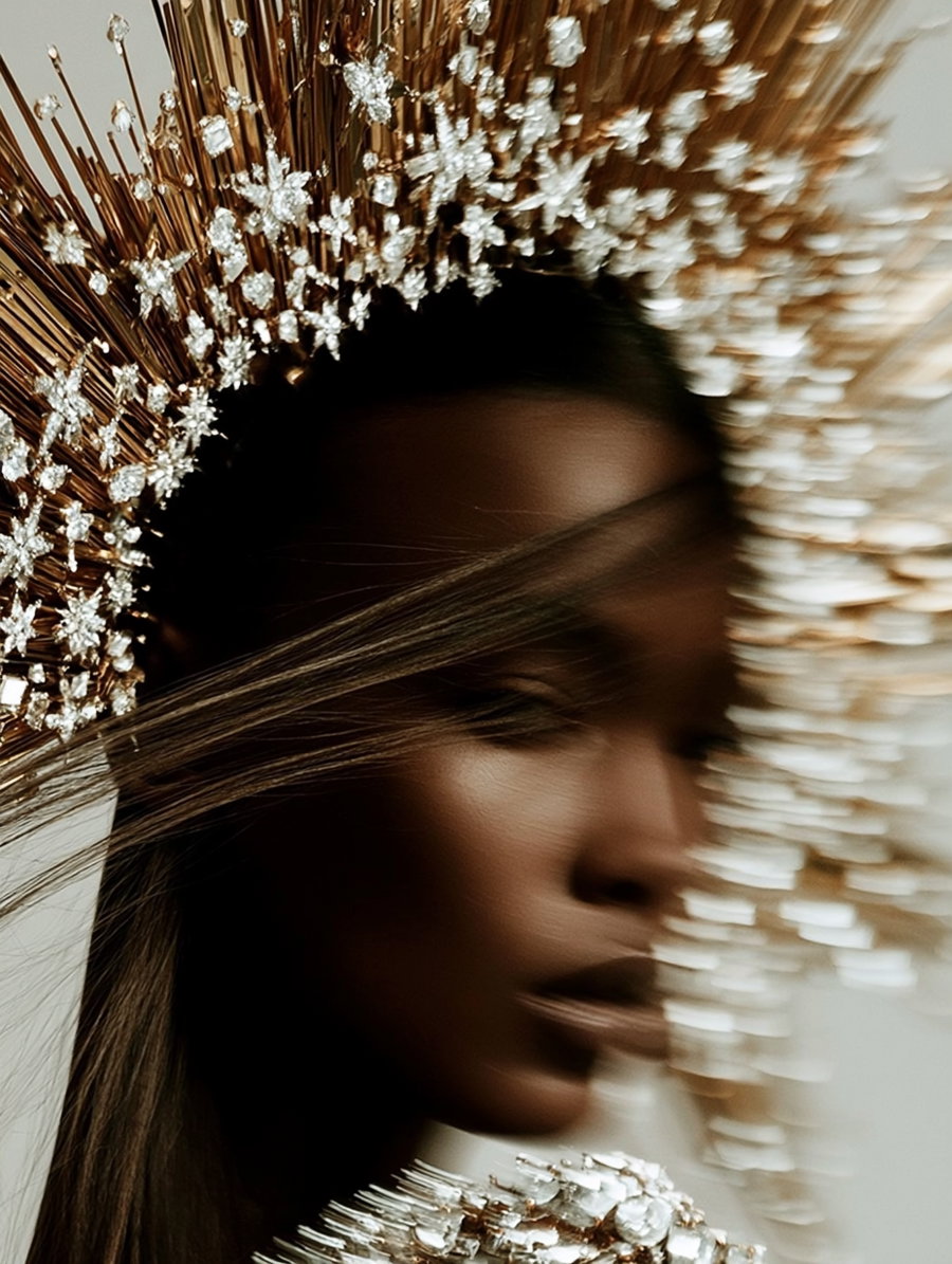 Blurred close-up side portrait of a dark-skinned woman with long hair wearing a golden jeweled headpiece resembling rays or spikes