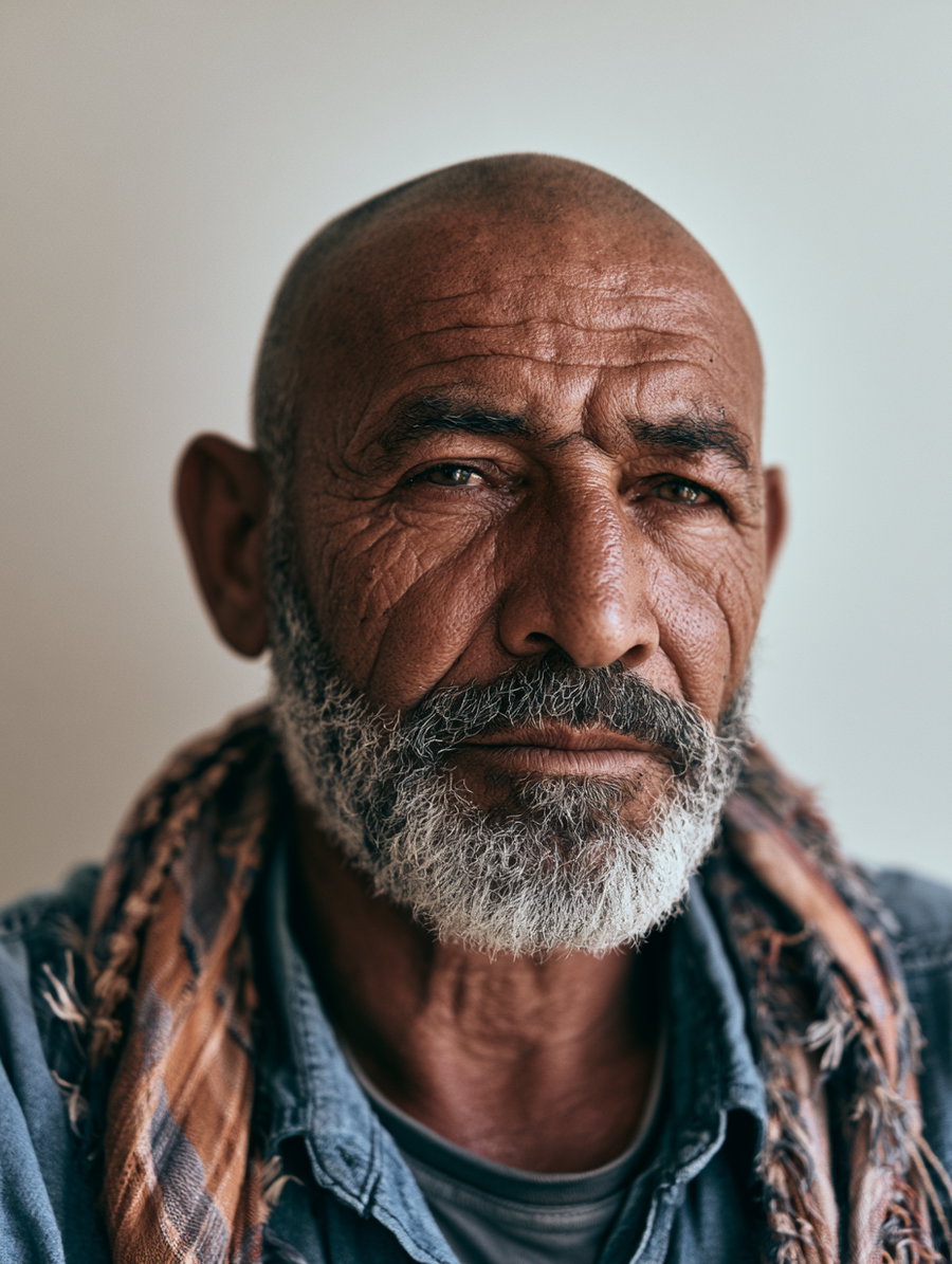 Portrait image of an elderly man with a bald head, thick gray beard, wearing a worn blue shirt and a patterned scarf, against a neutral background