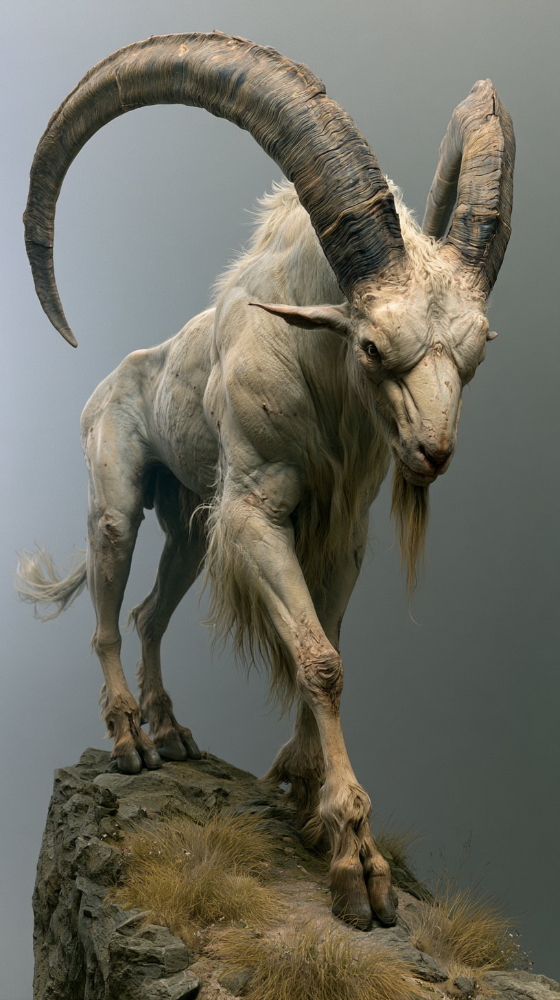 A detailed, muscular goat-like creature with large curved horns standing on a rocky ledge with sparse grass against a neutral background