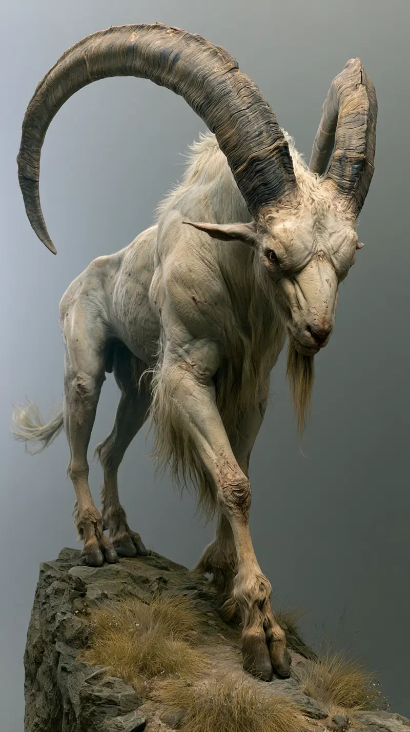 Realistic and muscular goat-like creature standing on rocky terrain