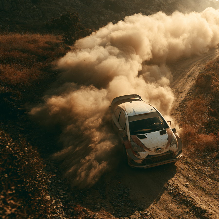 Rally car driving on a dusty dirt road with a large cloud of dust trailing behind, surrounded by dry vegetation and rocky terrain