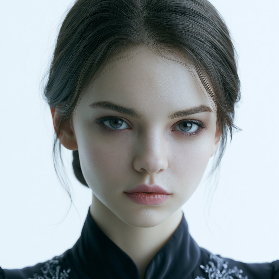 A close-up image of a young woman with smooth fair skin, light blue eyes, and light pink lips. She has dark hair pulled back with loose strands and wears a dark high-collared top with decorative embroidery on the shoulders.