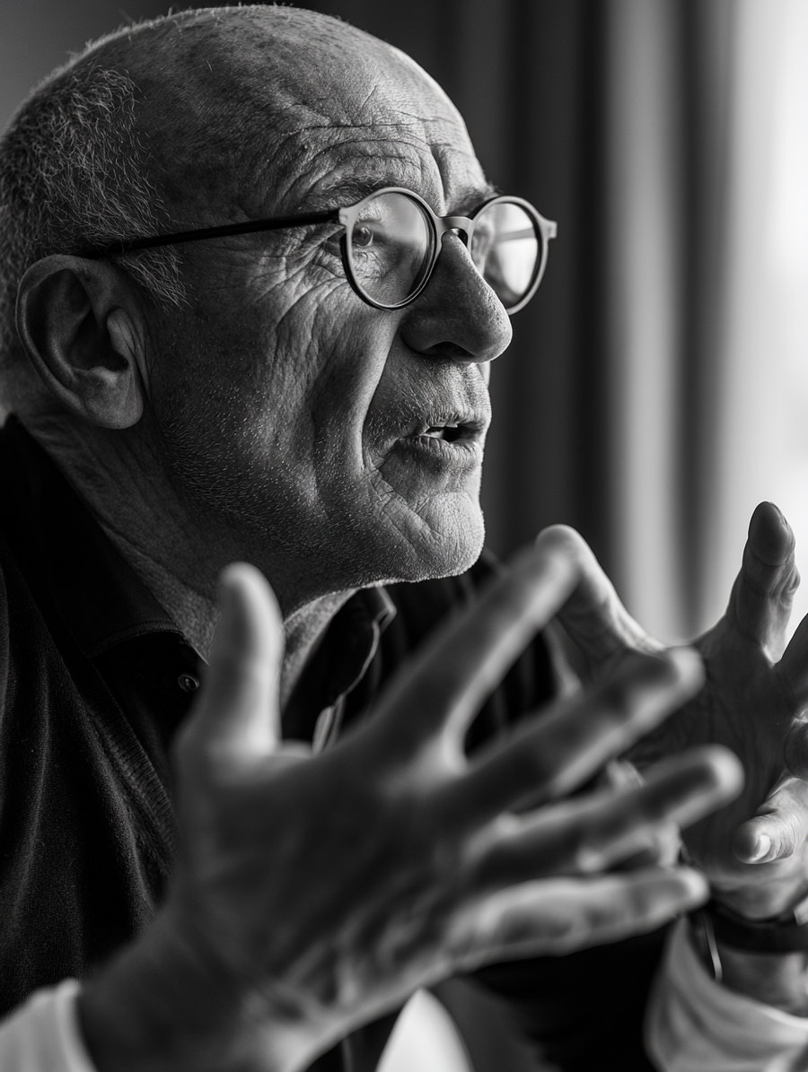Close-up black and white photo of an elderly man with glasses speaking and gesturing with his hands