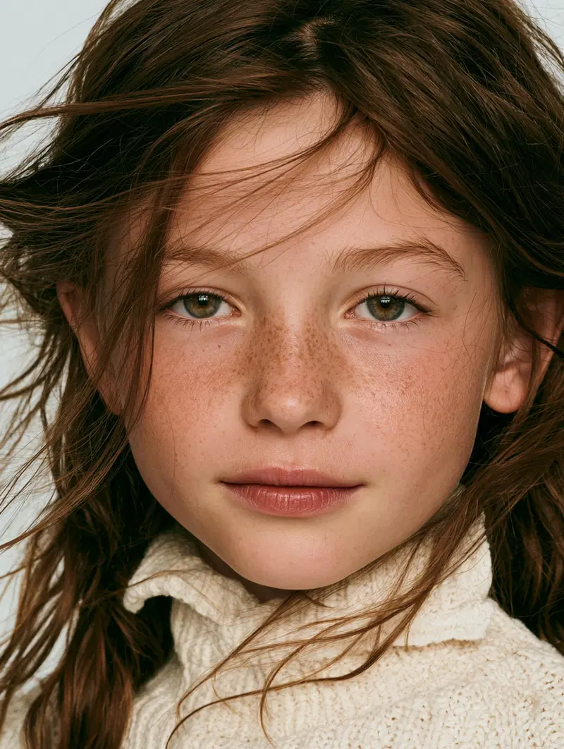 Close-up portrait of a young girl with freckles and natural hair