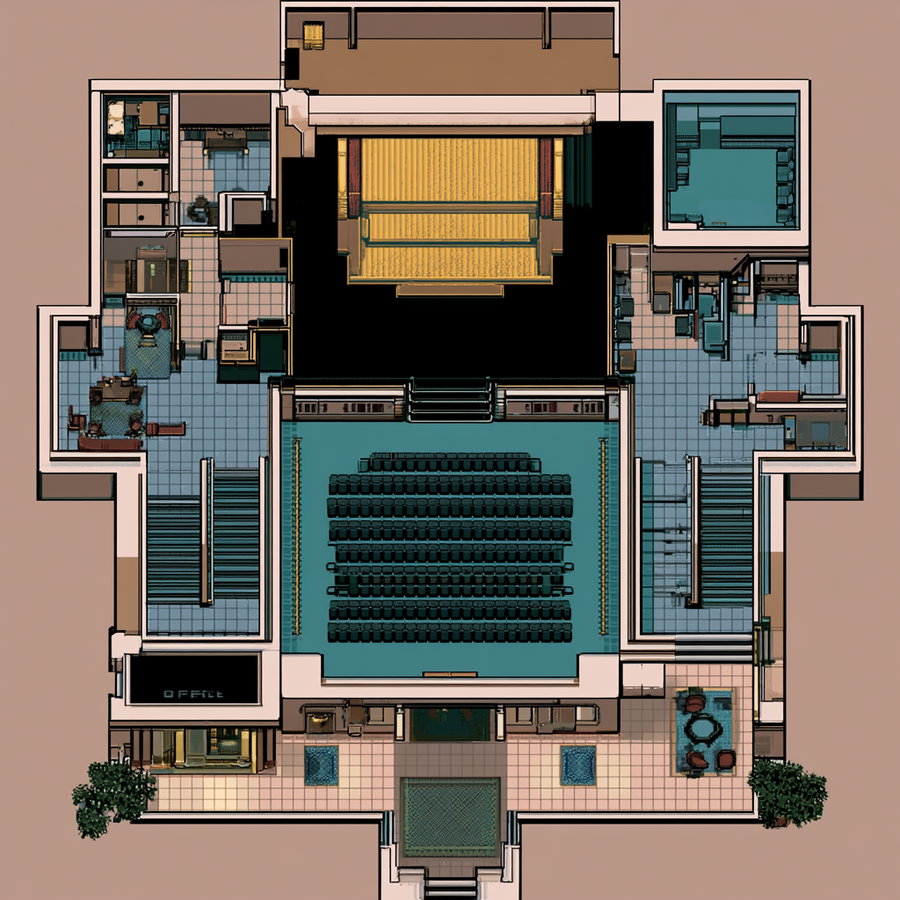 Top-down view of a building floor plan including a large seating area with rows of chairs, multiple rooms, staircases, and outdoor patio spaces with tables and chairs