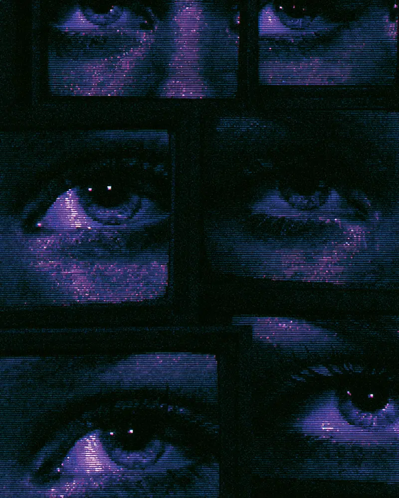 Close-up digital artwork focusing on human eyes with glitch effects and purple tones