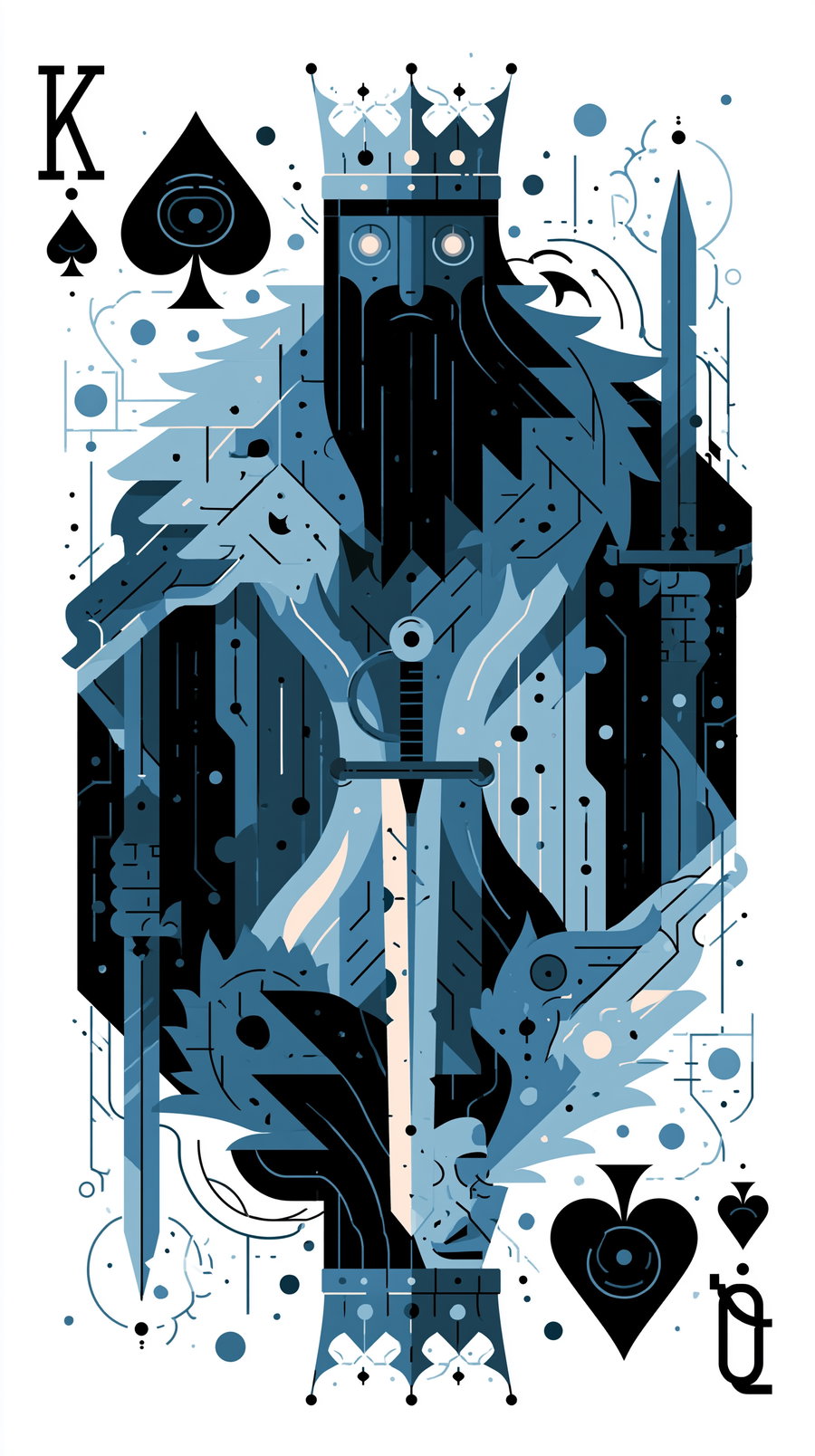 A modern digital illustration of the King of Spades playing card featuring a stylized figure with a crown, beard, and swords, rendered in shades of blue and black with geometric shapes and abstract details