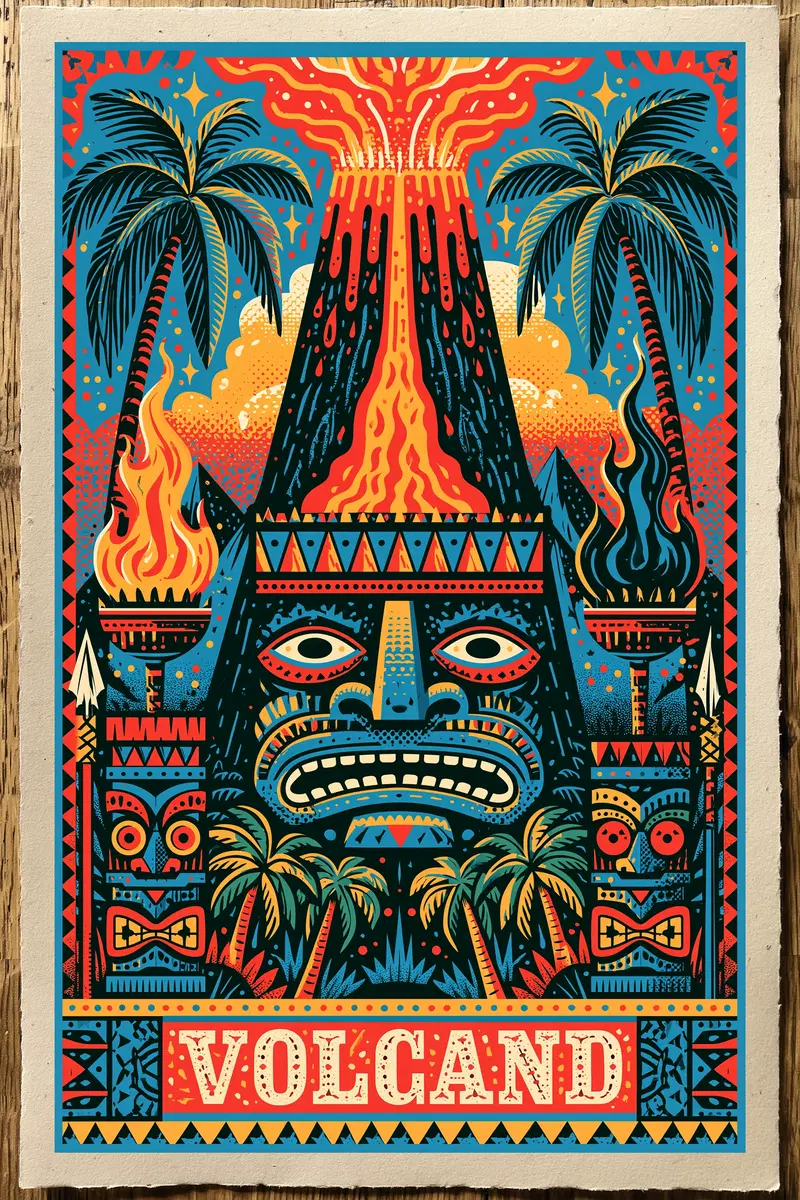 Colorful pop art style poster of erupting volcano with tiki faces