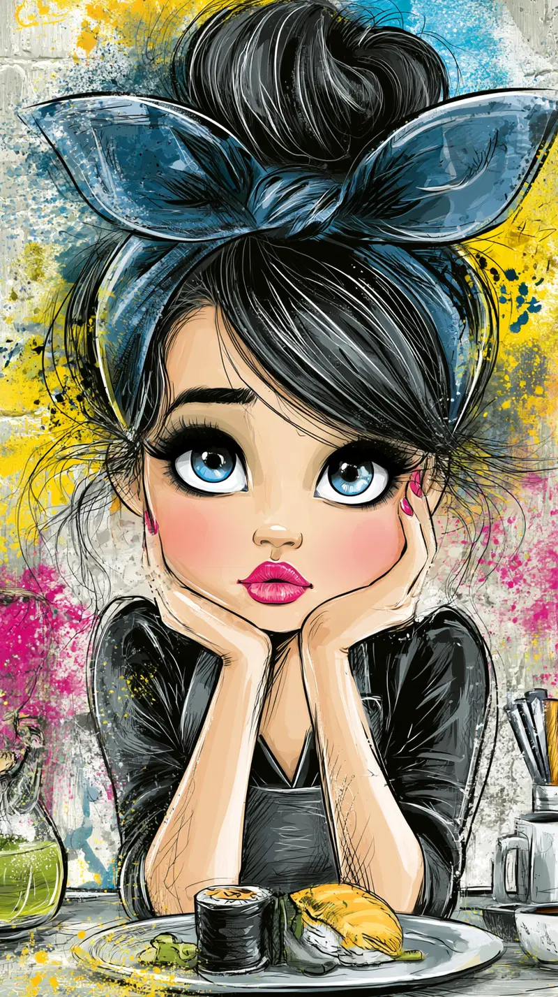 Illustrative character design of a contemplative woman with large blue eyes and headband