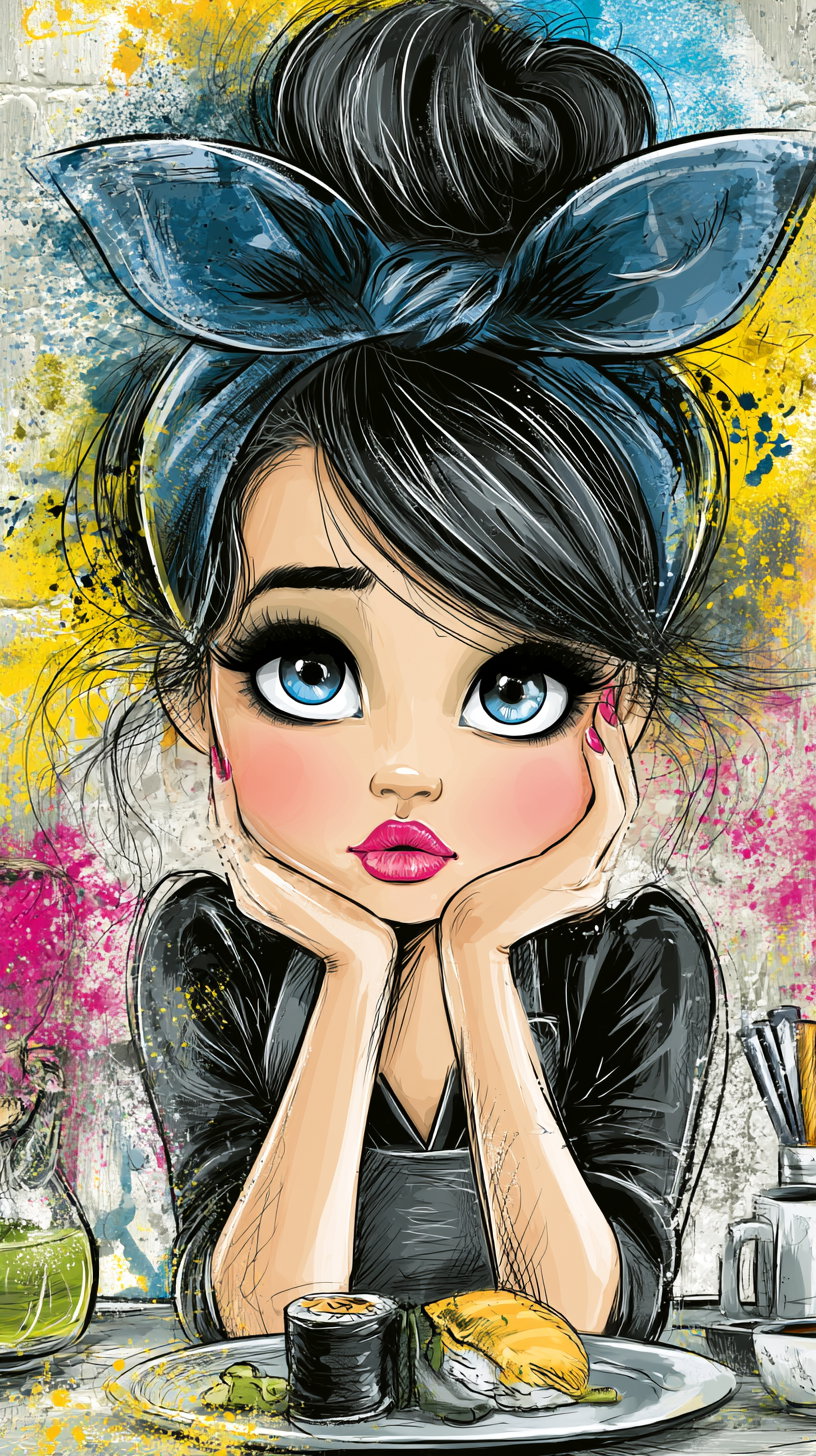 Digital illustration of a young woman with big blue eyes and dark hair tied with a blue headband sitting at a table with sushi on a plate, colorful abstract background