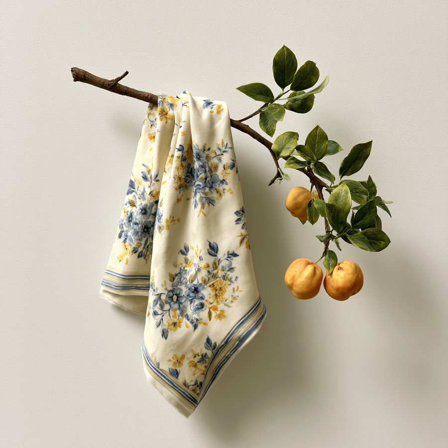 A cream-colored cloth with blue and yellow floral patterns hanging on a branch with green leaves and three yellow-orange fruits against a plain light background