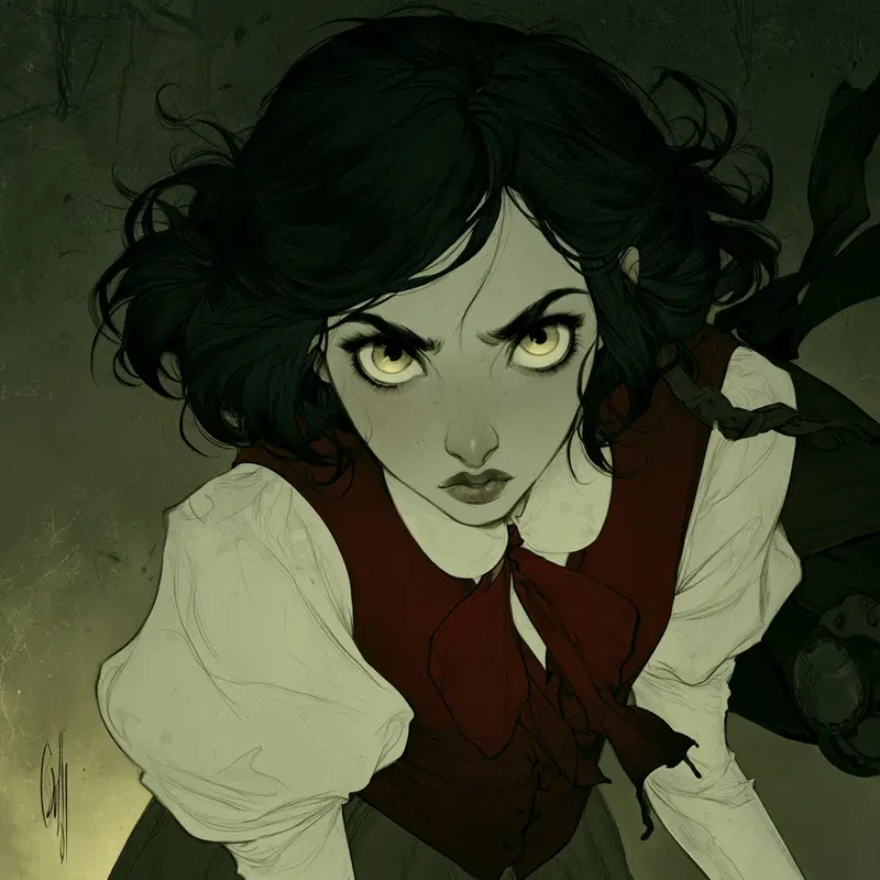 Intense Character Portrait of a Woman with Dark Hair and Unique Style