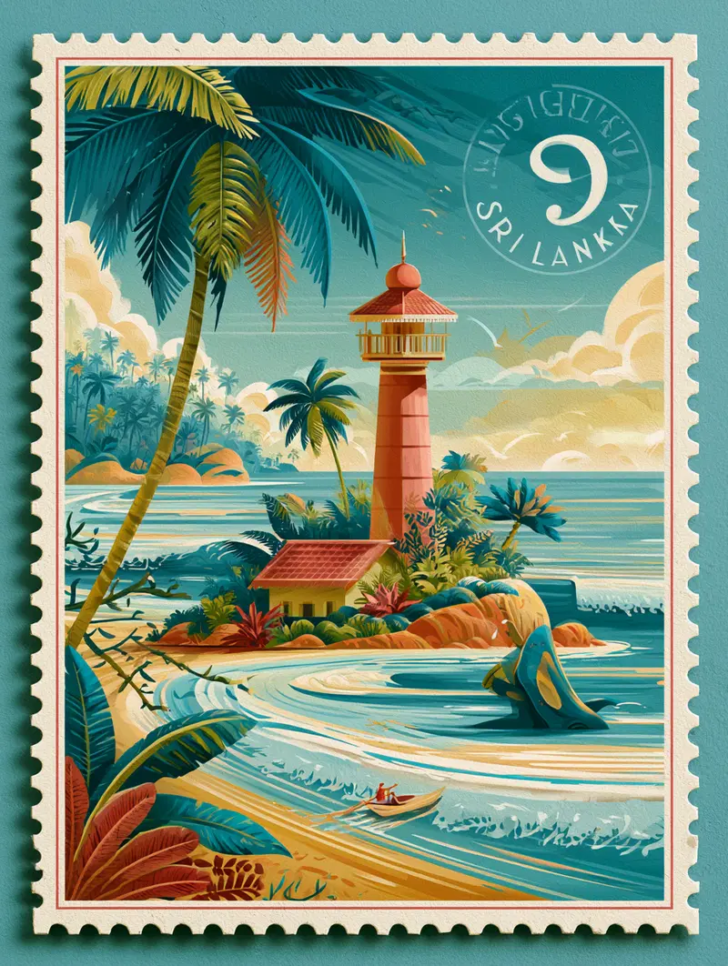 Vintage Style Travel Poster Illustration of Coastal Lighthouse in Sri Lanka