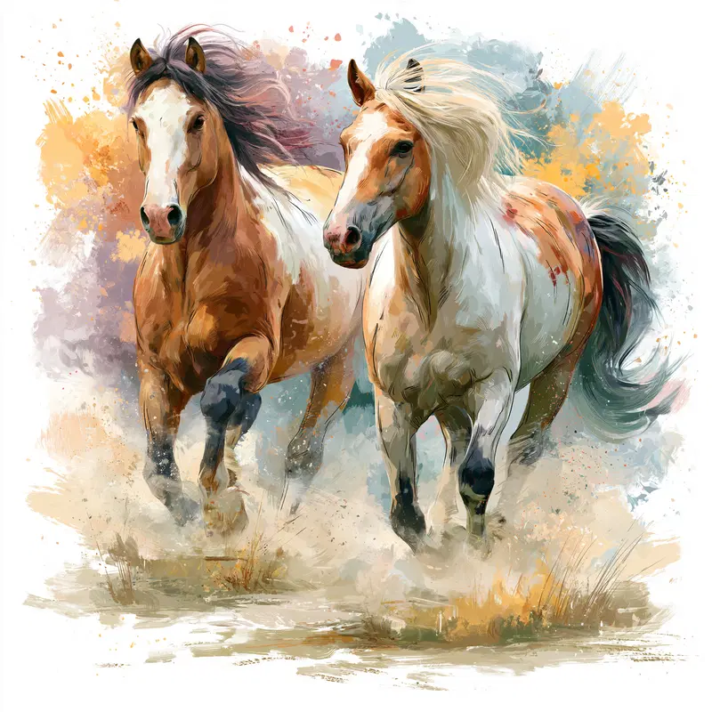 Dynamic digital painting of two horses running through a dusty terrain