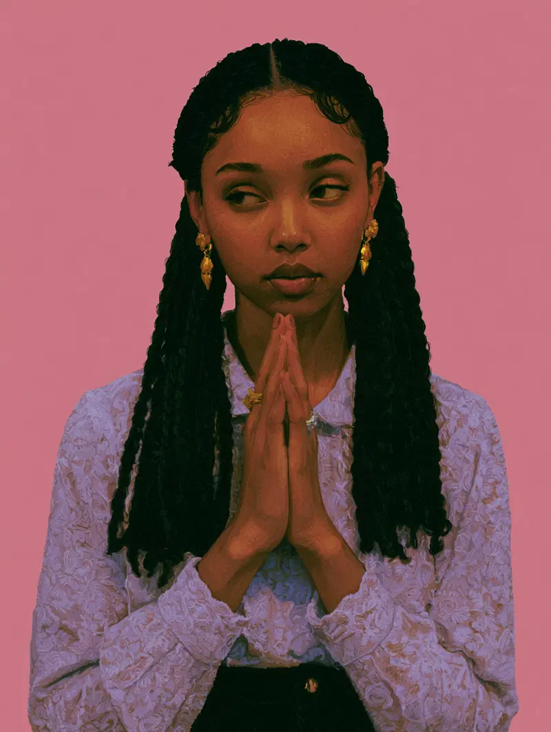 Portrait of a young woman in braided hair and floral blouse against pink