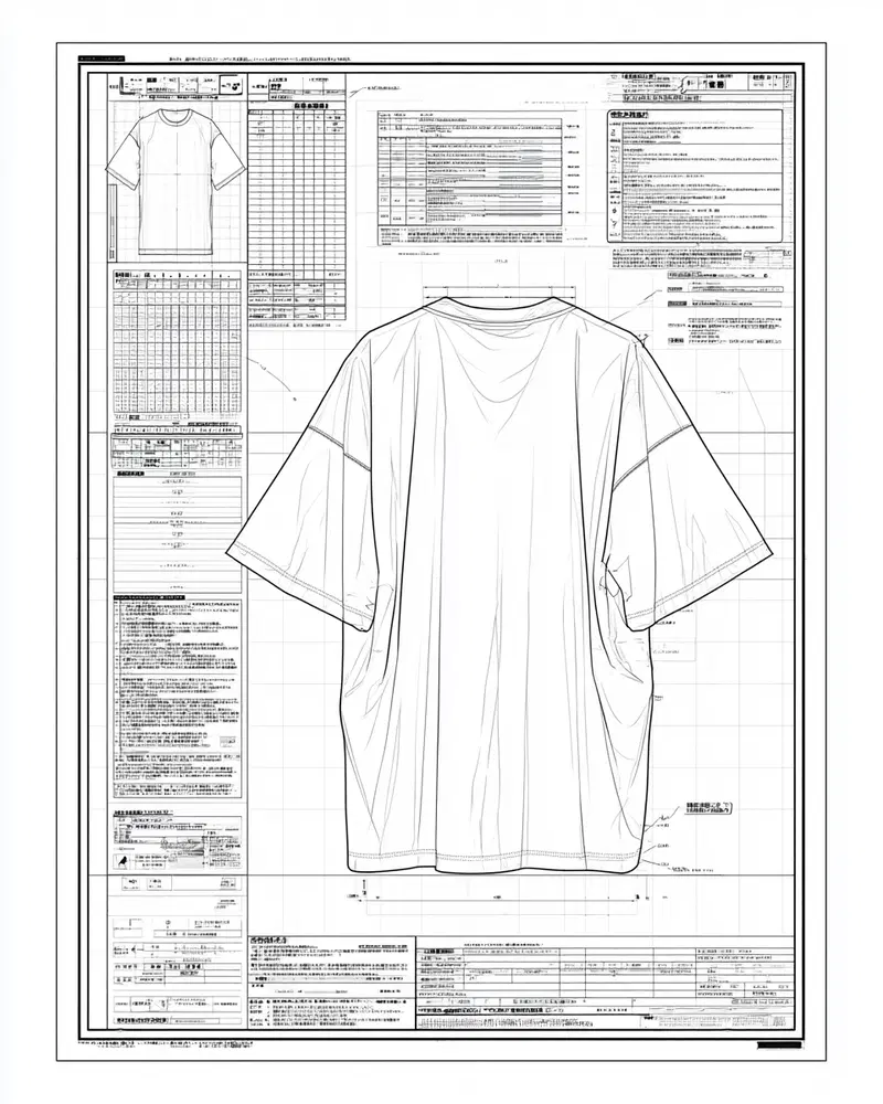 Detailed technical sketch of a T-shirt with measurements and specifications