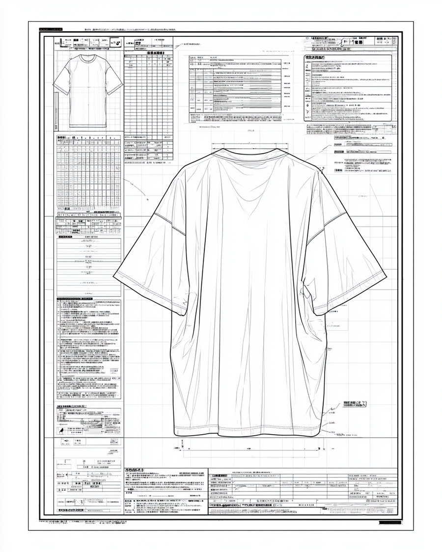 Technical drawing of a T-shirt shown from the back with detailed measurements, fabric folds, and various notes and tables surrounding the garment illustration