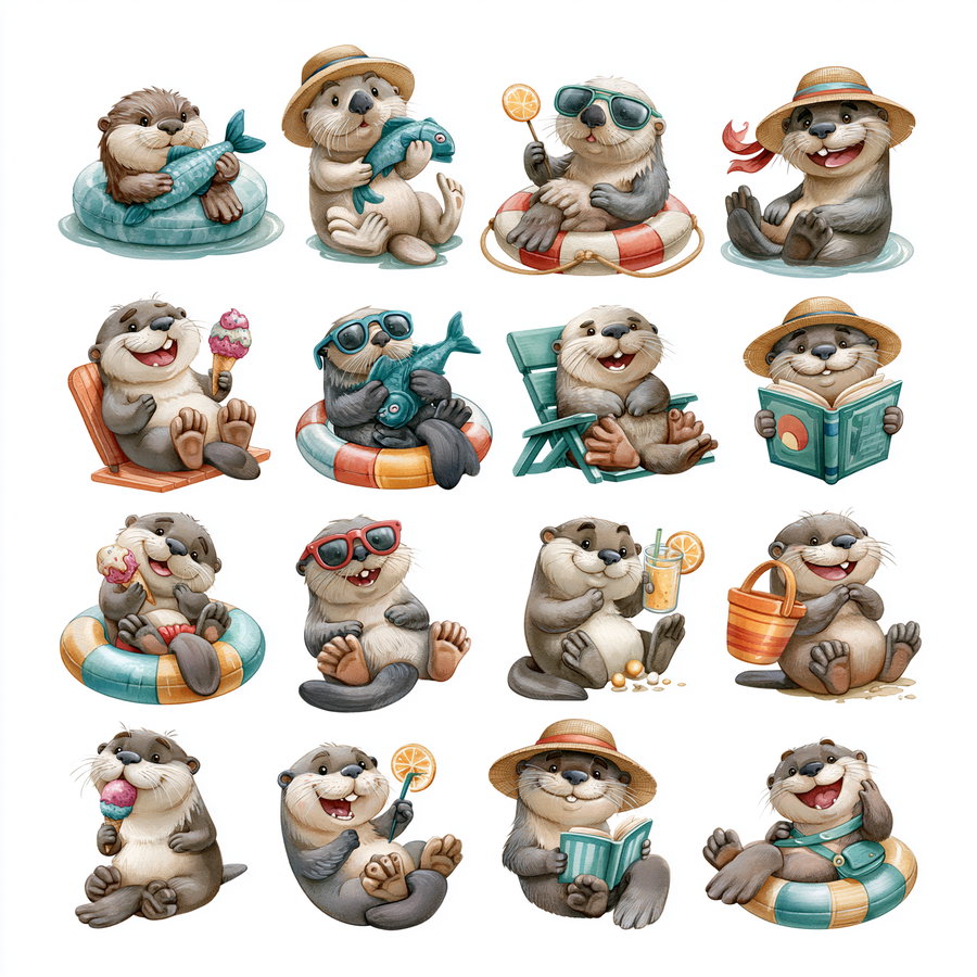 Various cute cartoon otters engaging in summer-related activities such as holding fish, wearing sunglasses, relaxing on float rings, sitting on chairs, reading books, eating ice cream, drinking juice, and playing at the beach, all with cheerful expressions
